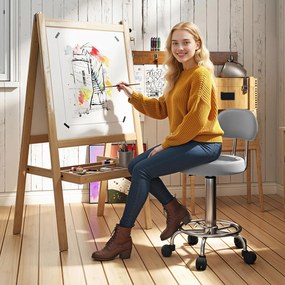 HOMCOM Taburet cu roți, rotativ și reglabil cu spătar, tapițerie din piele ecologică, suport pentru picioare, pentru mese de frizerie, Gri | Aosom Romania