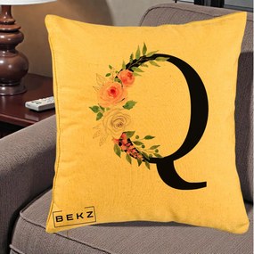 Cadou Personalizat - Perna Personalizata Monograma Florala Litera Q, 40x40 cm, Galben, Husa Detasabila, Perna Inclusa, BEKZ®