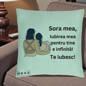 Cadou pentru Sora - Perna Personalizata Sora Mea Te Iubesc Doua Fete Fashioniste Line Art, 40x40 cm, Verde Menta, Husa Detasabila, Perna Inclusa, BEKZ®