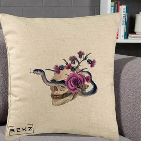 Perna Decorativa Craniu cu Sarpe si Trandafiri Gothic, 40x40 cm, Bej, Husa Detasabila, Perna Inclusa, BEKZ®