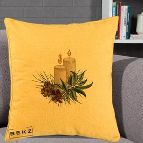 Perna Decorativa Lumanari cu Ilex si Conuri Ilustratie, 40x40 cm, Galben, Husa Detasabila, Perna Inclusa, BEKZ®