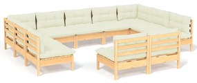 Set mobilier gradina cu perne crem, 11 piese, lemn masiv de pin maro si crem, 1