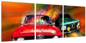 Tablou - Mașini de curse retro (cu ceas) (90x30 cm)