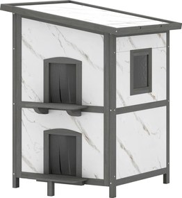 PawHut Căsuță pentru exterior, casă din lemn pentru pisici, intrări multiple, fereastră, rezistent la apă, 60 x 60 x 88 cm, Alb | Aosom Romania