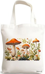 Sacosa de Panza pentru Cumparaturi, Geanta Tote Colorful Mushrooms 12, 38x34.5 cm, Alba, BEKZ®