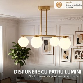 HOMCOM Lampă suspendată cu 4 globuri, înălțime reglabilă, rotire 350°, modernă, din oțel, auriu | Aosom Romania
