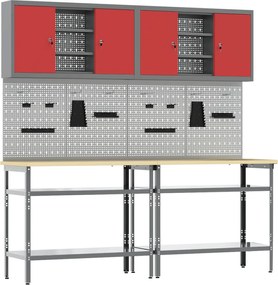 vidaXL Set banc de lucru 8 pcs Roșu și gri Oțel vopsit electrostatic