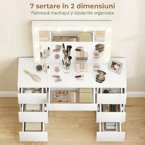 HOMCOM Masă de Machiaj cu Oglindă, 8 Lumini LED, Scaun și 7 Sertare Alb | Aosom Romania