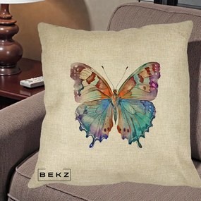 Perna Decorativa Fluture Acuarela Multicolor Portocaliu-Bleu-Mov, 40x40 cm, Crem, Husa Detasabila, Perna Inclusa, BEKZ®