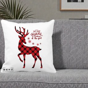 Perna Decorativa Ren Buffalo Plaid Craciun, 40x40 cm, Alba Mata, Husa Detasabila, Perna Inclusa, BEKZ®