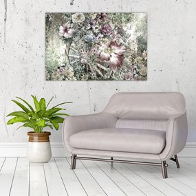 Tablou - Flori pe roata de lemn (90x60 cm)