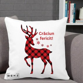 Perna Decorativa Ren Tartan Craciun Fericit, 40x40 cm, Alba Mata, Husa Detasabila, Perna Inclusa, BEKZ®