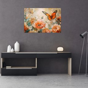Tablou - Fluture și flori, pictură în ulei (90x60 cm)