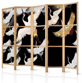 Paravan japonez - Cranes at Night - Golden-White Birds Flying Away on a Black Background