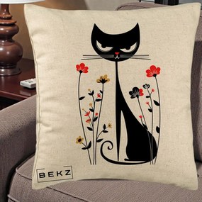 Perna Decorativa Pisica Neagra Grafica Flori Rosii, 40x40 cm, Bej, Husa Detasabila, Perna Inclusa, BEKZ®