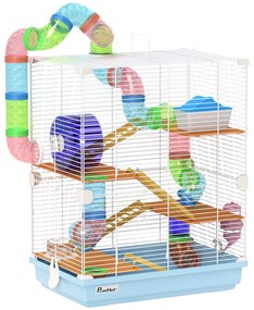 PawHut Cușcă pentru Hamsteri cu 5 Nivele, Tuburi, Rotiță, Scări, Căsuță și Sticluță, 46x30x58 cm, Albastru | Aosom Romania