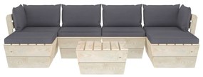 Set mobilier gradina din paleti cu perne, 7 piese, lemn molid Antracit, 2x colt + 2x mijloc + masa + 2x suport pentru picioare, 1