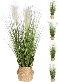Planta artificiala Foxtail Iarba decorativa, Azay Design, verde cu diverse modele de flori albe, in cosulet impletit, pentru interior, inaltime 75 cm