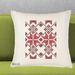 Perna Personalizata Motiv Traditional Cusatura Rosu-Negru, 40x40 cm, Crem Reliefat, Husa Detasabila, Perna Inclusa, BEKZ®