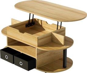 Masă de cafea cu mecanism de ridicare, spațiu de depozitare și sertare textile negre, 105x50x45 cm, Culoare naturală