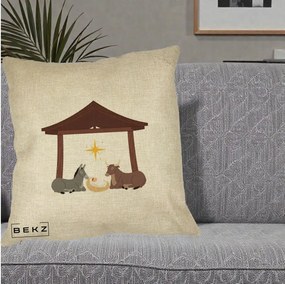 Perna Decorativa Ieslea din Betleem cu Iesle Asin si Bou, 40x40 cm, Crem, Husa Detasabila, Perna Inclusa, BEKZ®