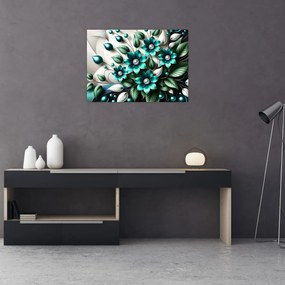 Tablou pe sticlă - Flori turcoaz 3D (70x50 cm)