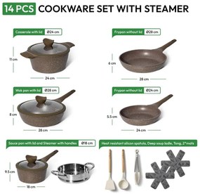 Set de oale si tigai Just Perfecto JL-26, 14 h, Acoperire din marmura, Inductie, Steamer, Accesorii, Maro