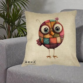 Perna Decorativa Pasare Patchwork Roz cu Floare, 40x40 cm, Crem, Husa Detasabila, Perna Inclusa, BEKZ®