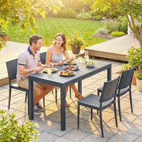 Outsunny Set mobilier de grădină, grup de scaune 5 piese, masă lată cu 4 scaune stivuibile, design lamelar pentru 4 persoane, gri închis | Aosom Romania