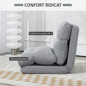 HOMCOM Fotoliu de podea pliabil 3 în 1, transformabil în șezlong și pat, din material cu efect de in, gri | Aosom Romania