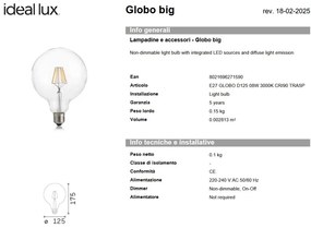 Bec LED, E27 globo d125 08w 3000k cri90 transparent