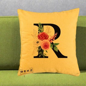Cadou Personalizat - Perna Personalizata Monograma Florala Litera R, 40x40 cm, Galben, Husa Detasabila, Perna Inclusa, BEKZ®