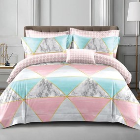Lenjerie de pat cu elastic, policoton, pat 2 persoane, roz / gri, 4 piese, E-47