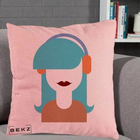 Perna Decorativa Fata cu Casti Muzica Grafic, 40x40 cm, Roz, Husa Detasabila, Perna Inclusa, BEKZ®