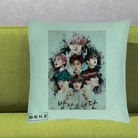 Perna Personalizata K-pop BTS Bangtan Boys Poster Artistic Negru Alb, 40x40 cm, Verde Menta, Husa Detasabila, Perna Inclusa, BEKZ®