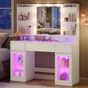 Masuta de machiaj 107 cm, cu Oglinda LED si 3 Sertare pentru Cosmetice, Set Masa toaleta Alba, masuta cosmetica, vanity cu dulapiore si rafturi -