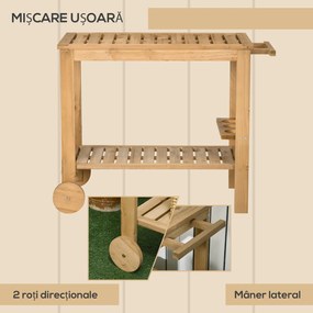 Outsunny Carucior de Grădină cu Roți din Lemn de Brad, Carucior de Servire cu Rafturi din Șipci, 2 Rafturi, 3 Suporturi pentru Sticle și Mâner, pentru Grădină Terasă Patio 95x47x74 cm, Culoare Lemn | Aosom Romania