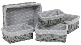 Set coșuri de răchită cu țesătură buline gri, 5 buc., 5 dimensiuni, 48 x 18 x 37 cm