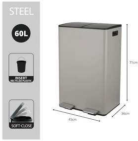 Coș de gunoi taupe pentru reciclare/cu pedală 2x30 l din oțel Aliya – Spirella