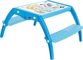 Masuta copii din plastic aditivat cu doua bancute Novokids™ Study Table, 95X78X49 cm, Suprafata lucioasa, Model Baietel cu Catelus, Albastru