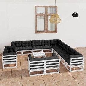 3077020 vidaXL Set mobilier de grădină cu perne, 14 piese, alb, lemn masiv pin