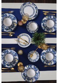 Set veselă 24 piese, alb/albastru, din ceramică stoneware