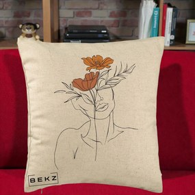 Perna Decorativa Portret Feminin Doua Flori, 40x40 cm, Bej, Husa Detasabila, Perna Inclusa, BEKZ®