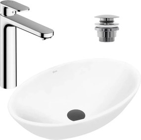 Pachet lavoar pe blat Rea Pamela alb 53 cm, baterie lavoar Hansgrohe Vernis Blend crom si ventil lavoar Click-Clack crom