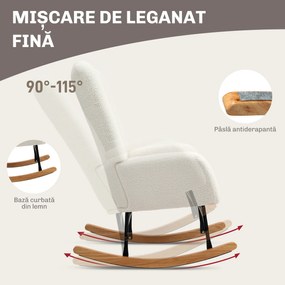 HOMCOM Balansoar, Fotoliu din Catifea Teddy, Scaun Relax cu Picioare din Lemn, Balansoar pentru Dormitor și Living, Alb Crem | Aosom Romania