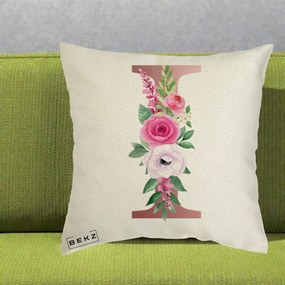 Cadou Personalizat - Perna Personalizata Monograma Rose Gold Litera I, 40x40 cm, Ecru, Husa Detasabila, Perna Inclusa, BEKZ®