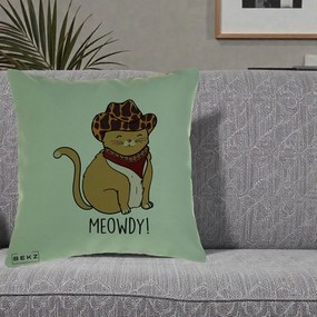 Perna Decorativa Pisica Cowboy Meowdy, 40x40 cm, Verde, Husa Detasabila, Perna Inclusa, BEKZ®