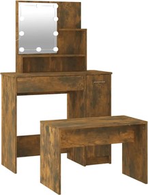 vidaXL Set măsuță de toaletă cu LED, stejar afumat, lemn prelucrat