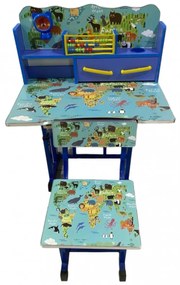 Birou cu sertare si scaunel pentru copii, 69x45x65 cm, Harta Animale, Albastru - MSP-67