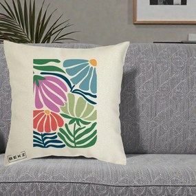 Perna Decorativa Flori Grafice Multicolore Modern, 40x40 cm, Ecru, Husa Detasabila, Perna Inclusa, BEKZ®